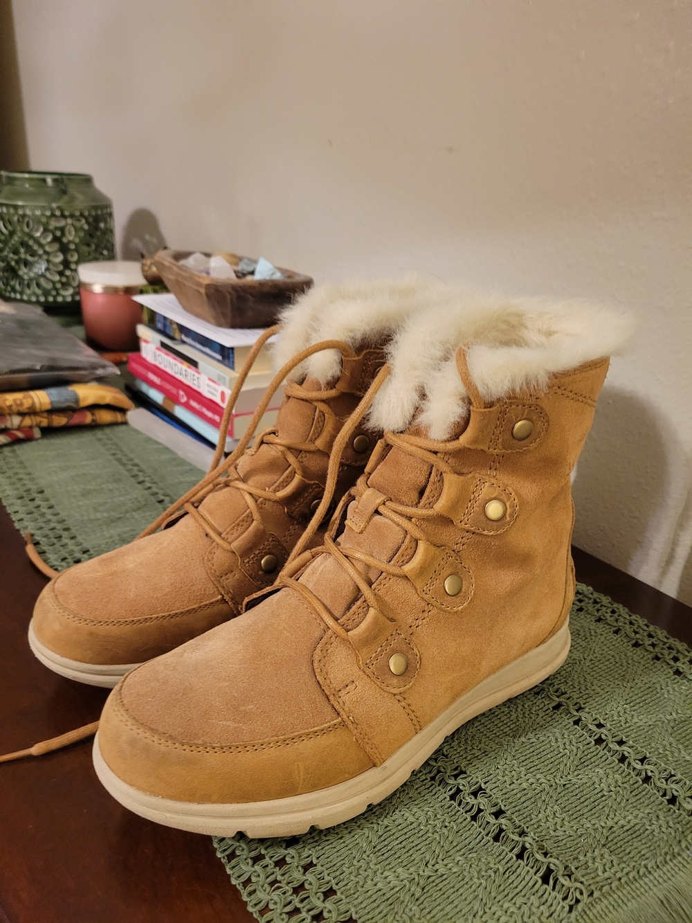 Sorel Tan Suede Lace-Up Winter Boots with Shearling Collar
